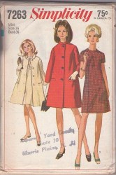 7263 SIMPLICITY 1967 MS COLLARLESS DRESS, BUTTON TENT COAT PATTERN 16 36"B or 14 34B choice